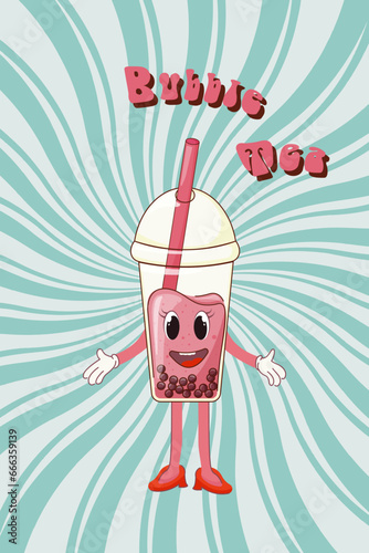 Cartoon funny glass with Bubble Tea. Postcard, flyer, invitation, poster.