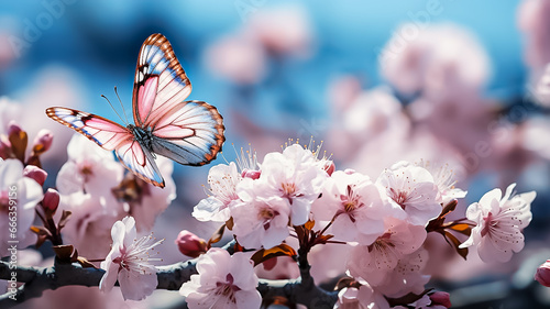 Blossom tree with beautiful butterfly.Spring background, branches of blossoming cherry against background of blue sky and butterflies on nature outdoors. Pink sakura flowers, dreamy romantic image photo