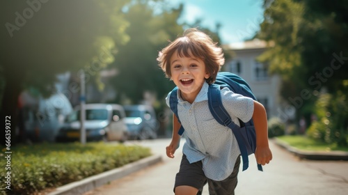 Happy smiling boy running to school 