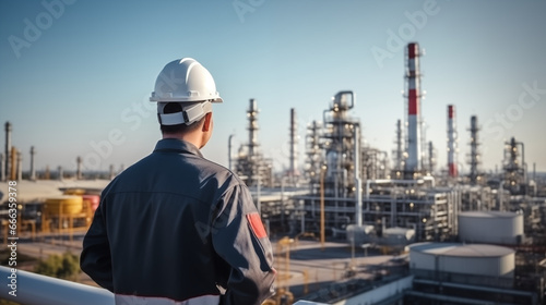 portrait of a male engineer in front of a refinery plant