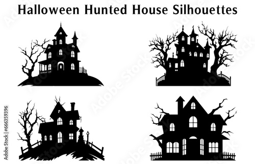 Scary Halloween Haunted House Silhouette Vector illustration Set