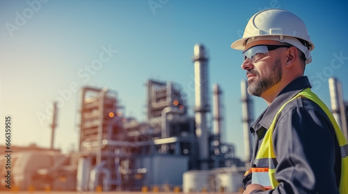 portrait of a male engineer in front of a refinery plant photo
