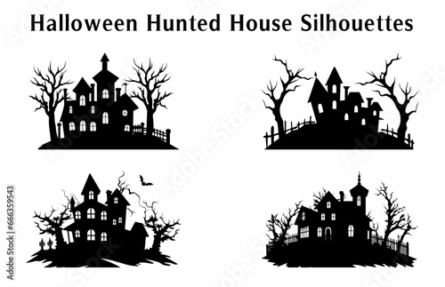 Scary Halloween Haunted House Silhouette Vector illustration Set