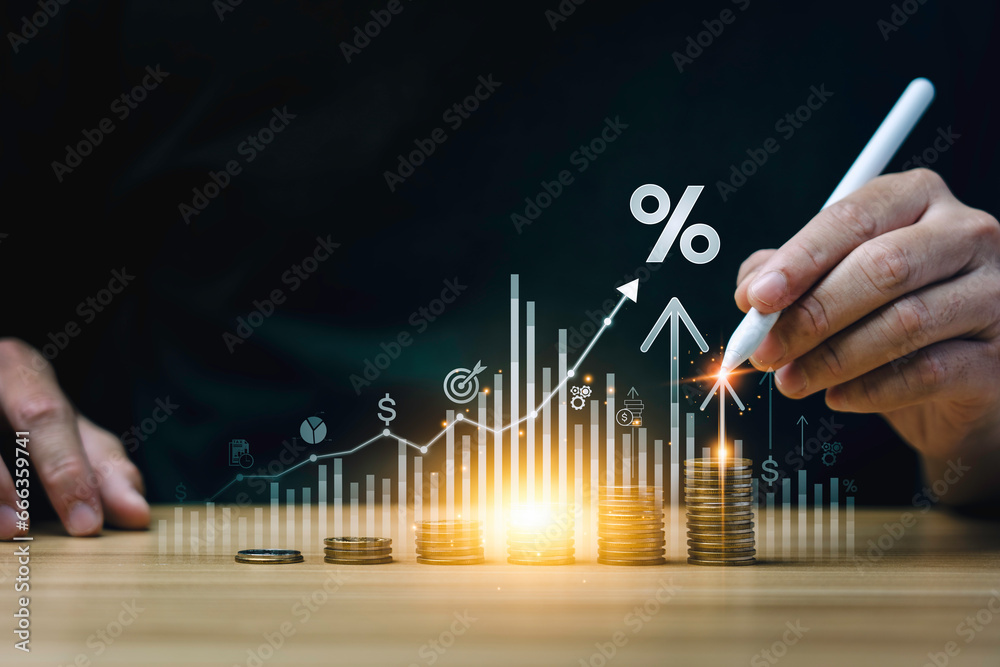interest rates and dividends, investment returns, income, retirement Compensation fund, investment, dividend tax, upward direction percentage symbol. saving money for investment, long term investment - obrazy, fototapety, plakaty 