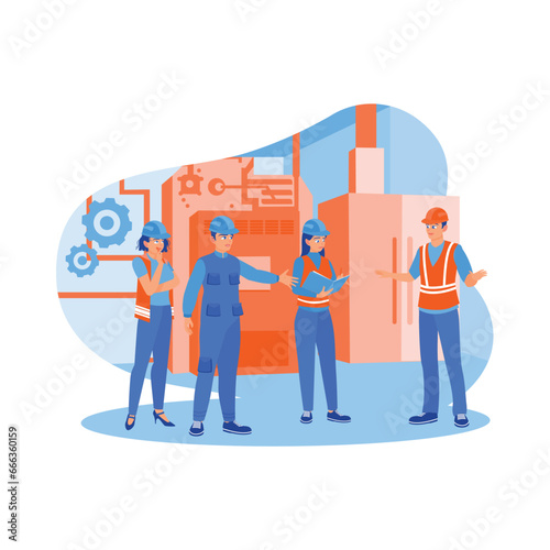 Chief engineer holding a meeting with colleagues in heavy industrial manufacturing. The chief engineer briefed the work concept. Briefings concept. trend modern vector flat illustration