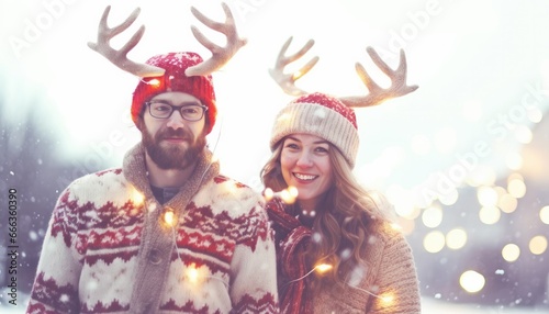 people wearing santa christmas sweater and reindeer antlers headband