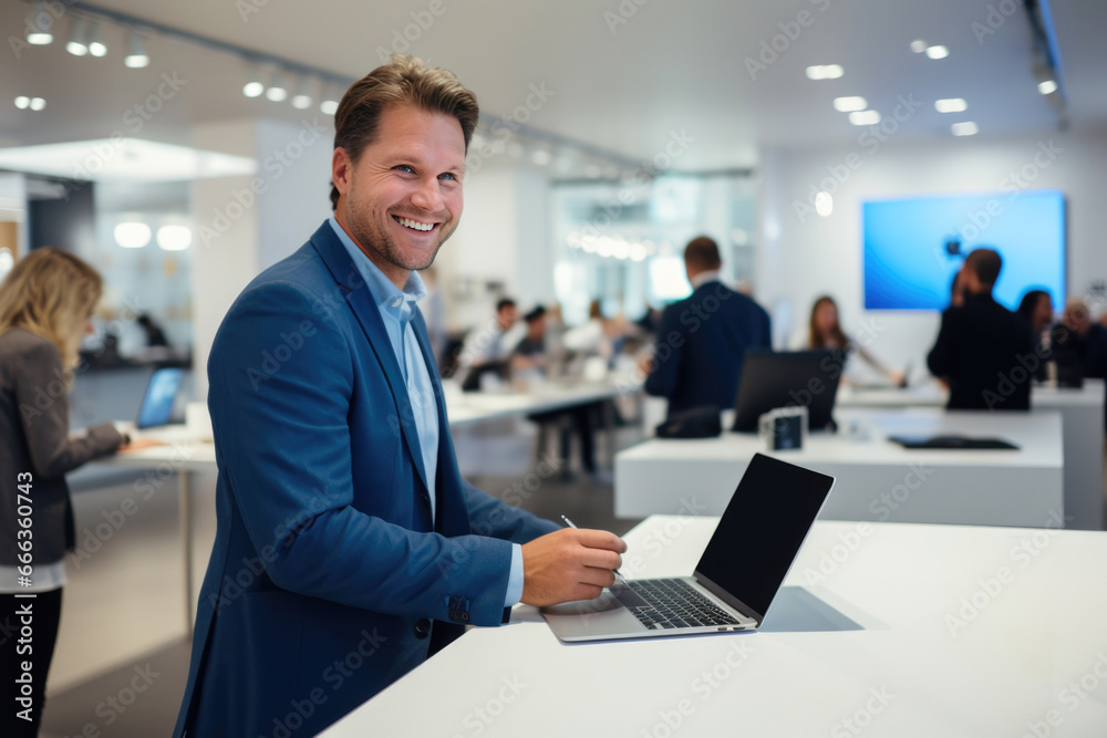 Businessman with digital devices in store, Sale Day, Shopping concept. Generative AI. Businessman with digital devices in store, Sale Day, Shopping concept. Generative AI.
