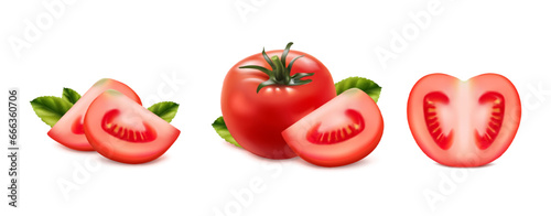 3d realistic vector icon set. Red tomato whole, cut and sliced fresh tomato.