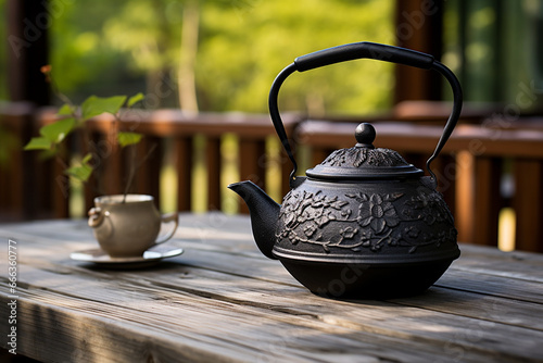 Black Iron Asian Teapot on Wooden Table