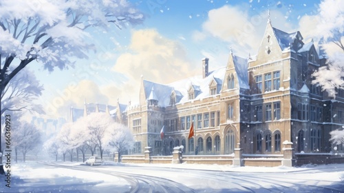 Grand brick mansion blanketed in snow, flanked by snow-laden trees. Historic winter residence.
