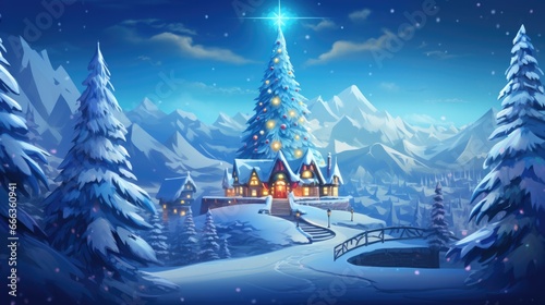 Illuminated Christmas tree beside cozy house in snowy mountain landscape. Festive holiday celebration in winter wonderland. Winter and holidays. © Postproduction