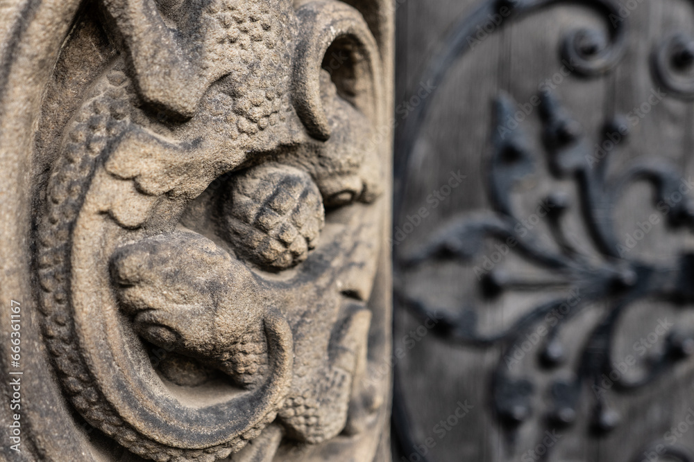 carved dragon figures on a doorway at St. Mary's Episcopal Cathedral, Edinburgh