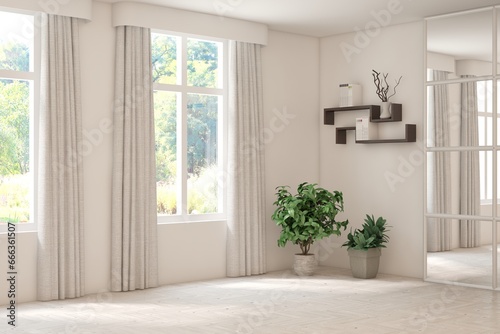 White empty room with summer landscape in window. Scandinavian interior design. 3D illustration © AntonSh