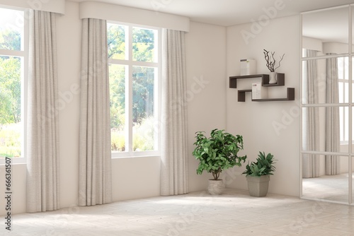 White empty room with summer landscape in window. Scandinavian interior design. 3D illustration