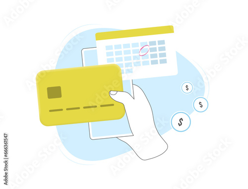 Subscription payment - monthly billing with calendar marking payment date alongside credit card icon. Payment process for subscribers, ideal for membership and recurring fees vector illustration