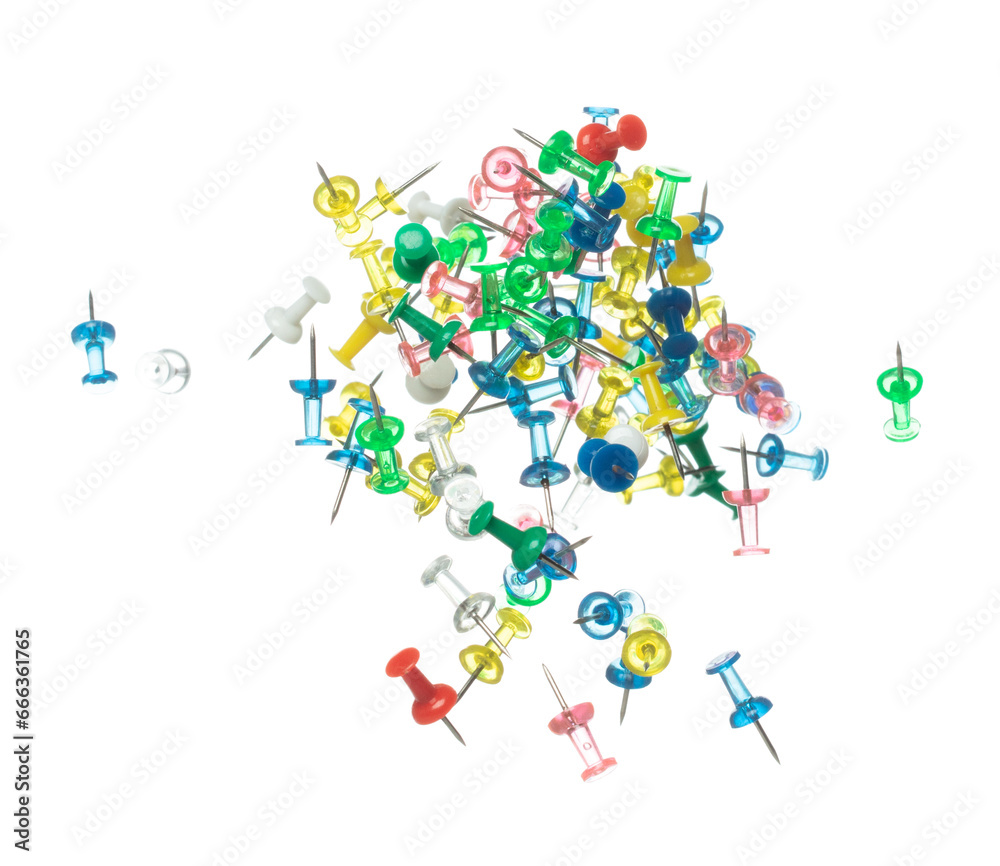 Push Pins in various color fly floating in mid air. Many group colour pins fall as office school stationary. Abstract pushpin explode unbox. White background isolated high speed shutter freeze motion Push Pins in various color fly floating in mid air. Many group colour pins fall as office school stationary. Abstract pushpin explode unbox. White background isolated high speed shutter freeze motion