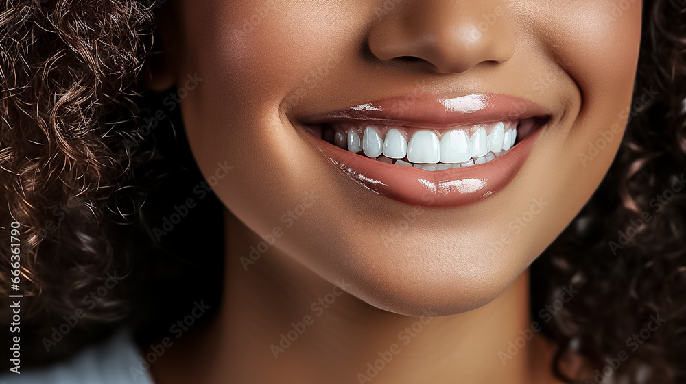Close up Face of beautiful mixed race woman smiling with white teeth. Portrait of a woman's face with brown eyes and freckles posing with copy-space. Dental health and oral hygiene Close up Face of beautiful mixed race woman smiling with white teeth. Portrait of a woman's face with brown eyes and freckles posing with copy-space. Dental health and oral hygiene