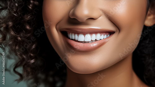 Close up Face of beautiful mixed race woman smiling with white teeth. Portrait of a woman's face with brown eyes and freckles posing with copy-space. Dental health and oral hygiene