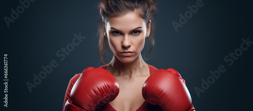 A frail looking woman is wearing red boxing gloves, serious expression, ready to fight.  © theevening
