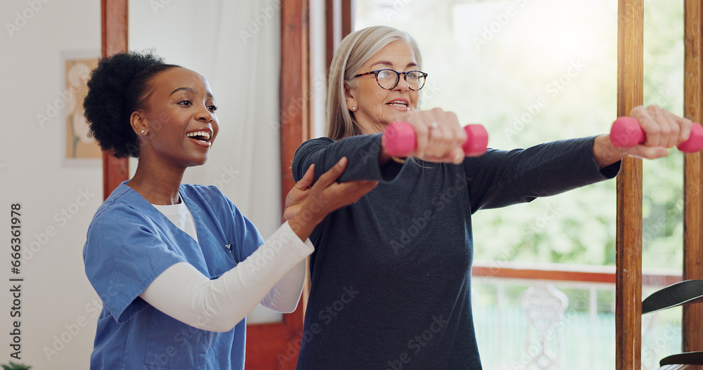 © Wesley JvR/peopleimages.com - Physical therapy, exercise and senior woman with dumbbell, weightlifting and training arms and muscle. Strong, fitness and old person with nurse or physiotherapist to help in rehabilitation workout