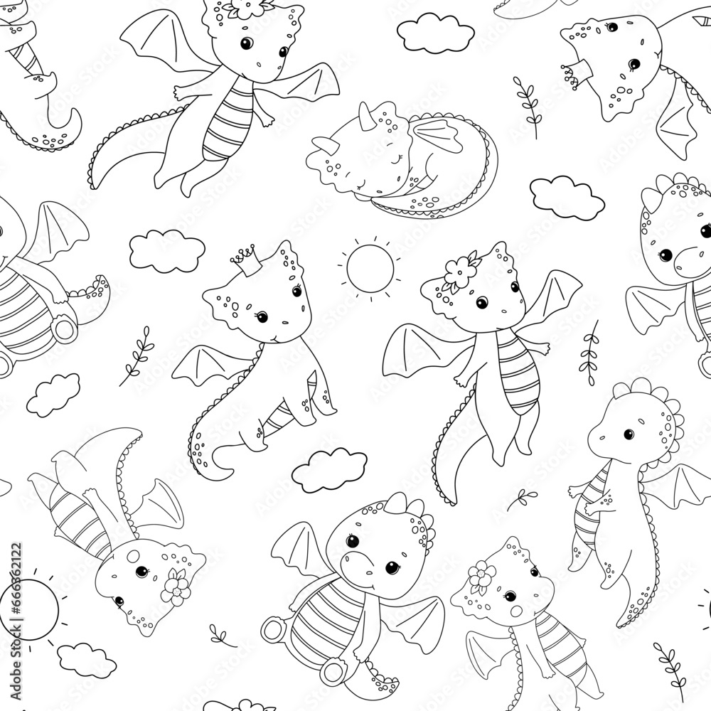 Seamless pattern with cute dragon with crown on white background. Outline vector cartoon character. Childish line illustration Seamless pattern with cute dragon with crown on white background. Outline vector cartoon character. Childish line illustration