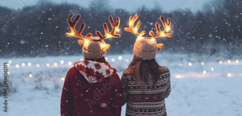 Fototapete people wearing santa christmas sweater and reindeer antlers headband
