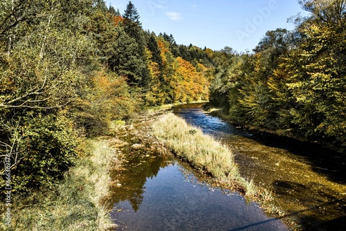 Fototapeta Naklejka Na Ścianę i Meble -  Autumn landscape with colorful forest and river. Carpathians, Poland.