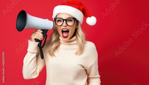 shock woman using megaphone and wearing santa claus hat and sunglass.christmas sale