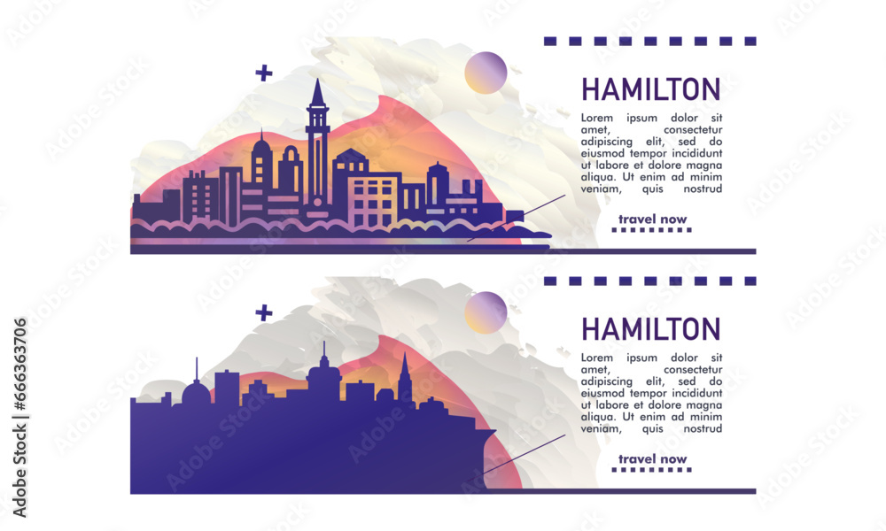Canada Hamilton city banner pack with abstract shapes of skyline, cityscape, landmarks and attractions. Ontario town travel vector illustration set for brochure, website, page, presentation