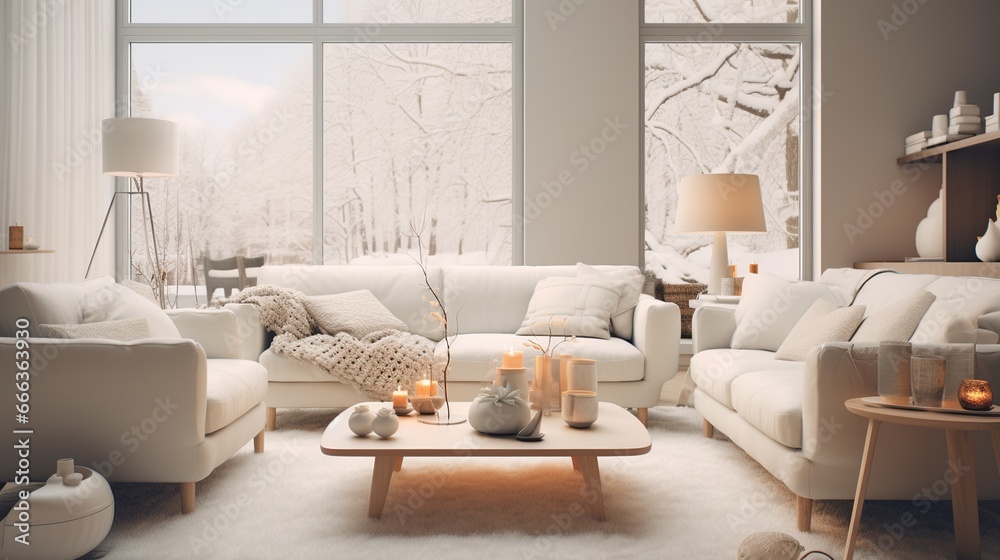 Fototapeta premium Modern interior, white modern living room