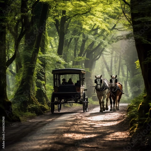 realistic photo of a horse-drawn carriage, running among the trees. generative ai photo