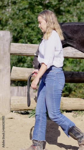 Young woman walking in front of horse. Cowgirl training horse in enclosure
