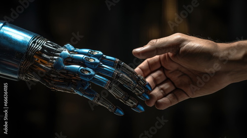 Harmonious Coexistence of Humans and AI Technology - Delicate Human Finger Touching Cyborg Robot Metallic Hand Finger, Symbolizing Collaborative Partnership in the Modern World of Advanced Innovation © SueFox