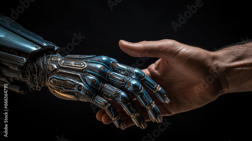 Harmonious Coexistence of Humans and AI Technology - Delicate Human Finger Touching Cyborg Robot Metallic Hand Finger, Symbolizing Collaborative Partnership in the Modern World of Advanced Innovation
