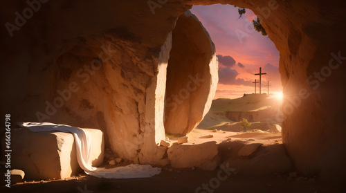 Resurrection Of Jesus Christ, Tomb Empty With Shroud And Crucifixion At Sunrise
