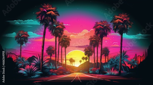 Postcard of California, palms and buildings at sunset. Neon style