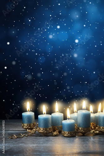 Festive Hanukkah background with traditional Hanukkah menorah, candles, dreidels, and copy space for your text. Perfect for Hanukkah greeting cards, invitations, and other holiday designs.