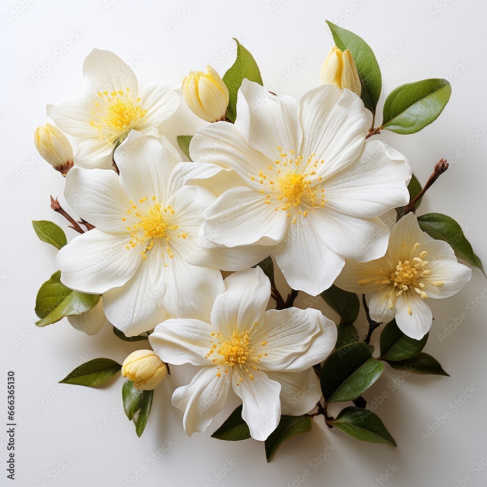 Obraz premium White Flower With Yellow Petals Green Leaves, Hd , On White Background