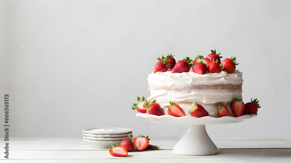 Strawberry birthday cake on white background - obrazy, fototapety, plakaty 