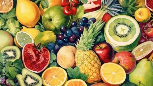 Top view of Different fresh organic vegetables and fruits. Food background. Watercolor style.