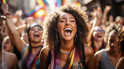 Crowd raising and holding rainbow flags during gay pride. Multiracial gay people having fun at pride parade Concept of lgbt,lgbtq and homosexual or transexual love proud LGBTQ community