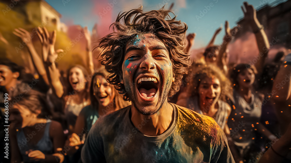 crowded group of young people dancing cheering and celebrating on a summer festival outside in the day time. laughig screaming and being happy and having fun.  holi fest colorful splashes.Generative A