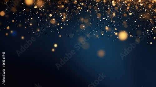 An abstract background featuring dark blue and golden particles. Christmas golden light shines, creating a bokeh effect on the navy blue background. Gold foil texture is also present.
