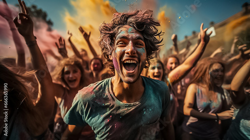 crowded group of young people dancing cheering and celebrating on a summer festival outside in the day time. laughig screaming and being happy and having fun. holi fest colorful splashes.Generative A