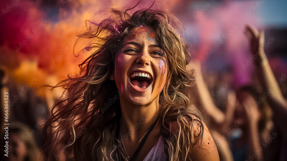 crowded group of young people dancing cheering and celebrating on a summer festival outside in the day time. laughig screaming and being happy and having fun.  holi fest colorful splashes.Generative A