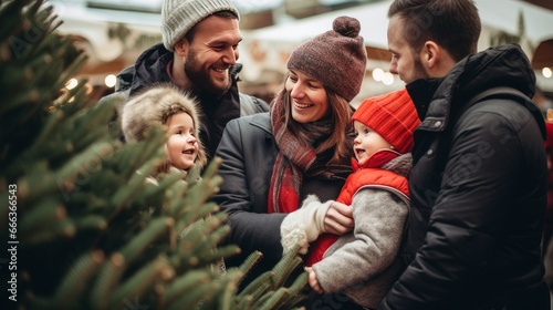 Happy family with children and parents choose a New Year's tree at the Christmas tree market.