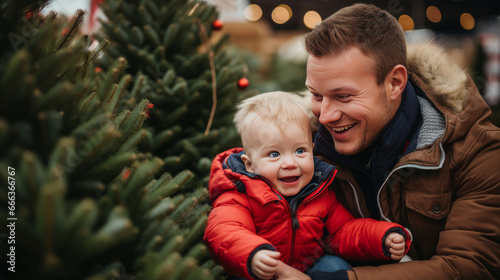 A happy family with a child and parents chooses a New Year's tree at the Christmas tree market. Merry Christmas and Merry New Year concept.