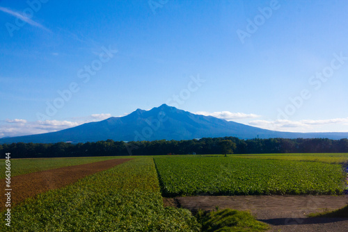 Townscapes of Shari township and Mt. Shari background in Hokkaido, Japan. photo