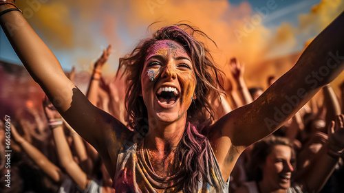 crowded group of young people dancing cheering and celebrating on a summer festival outside in the day time. laughig screaming and being happy and having fun. holi fest colorful splashes.Generative A