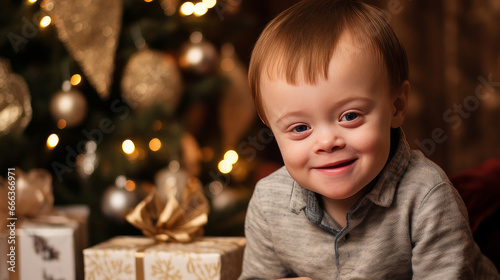 Happy little one with a child with Down syndrome with gifts and lights on the background of a New Year's tree, people with disabilities. Merry Christmas and Merry New Year concept. © ALA